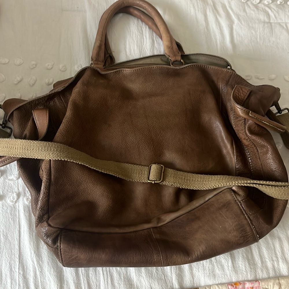 Free People Brown Leather Hobo Bag with Canvas Strap